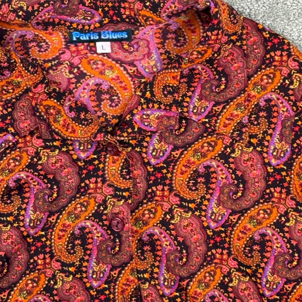 Vintage 90s Paris Blues Womens L Paisley Blouse Button Up Boho Grunge Shirt Boho